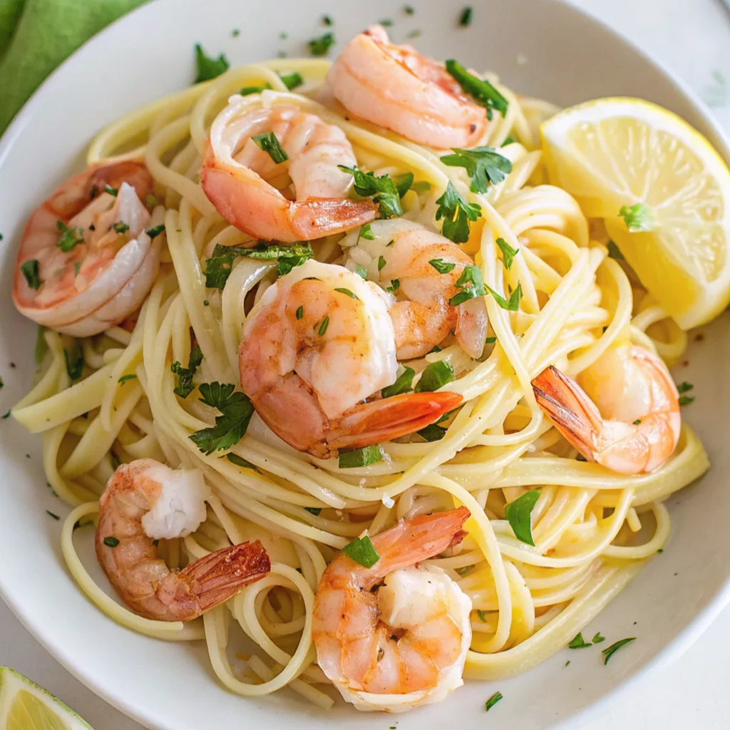 white bowl filled with cooked linguine pasta and large, pink shrimp, garnished with fresh parsley and two lemon slices.