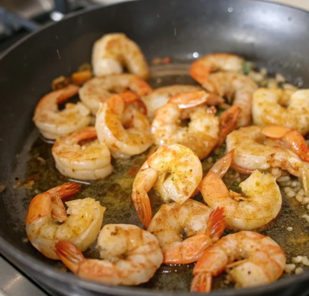 Frying shrimp in a black frying pan with oil and pink shrimp