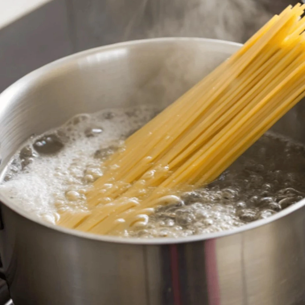 A bundle of dry linguine pasta is being submerged into a pot of rapidly boiling water on a stovetop, creating steam and bubbles.