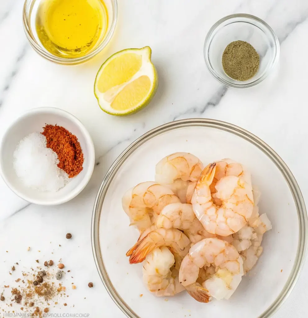 Peeled shrimp in a glass bowl, with small bowls of olive oil, lime, salt, paprika, and black pepper, ready for a smoked shrimp recipe.
