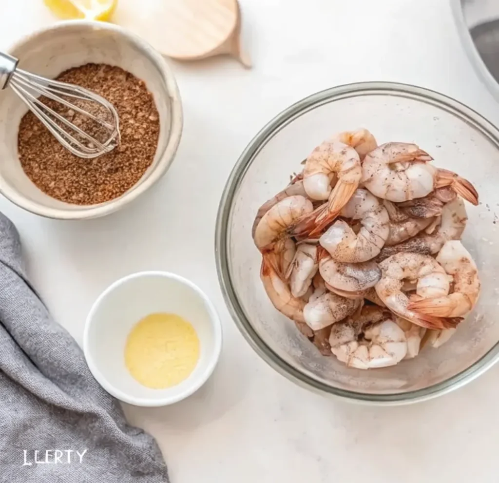 A clear bowl holds raw, peeled shrimp seasoned with pepper. Nearby, a small bowl contains a dry rub with a whisk,