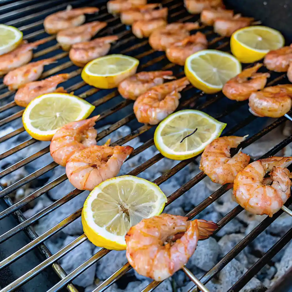 Pink-orange shrimp and sliced lemons are arranged on a wire grill grate over hot charcoal, indicating they are being or smoked shrimp