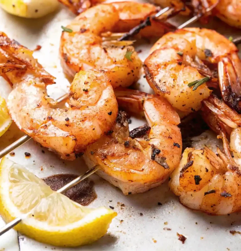 A close-up of several smoked shrimp skewers, showing the pink-orange color and seasoning, next to a lemon wedge on a light-colored surface, highlighting a finished dish.