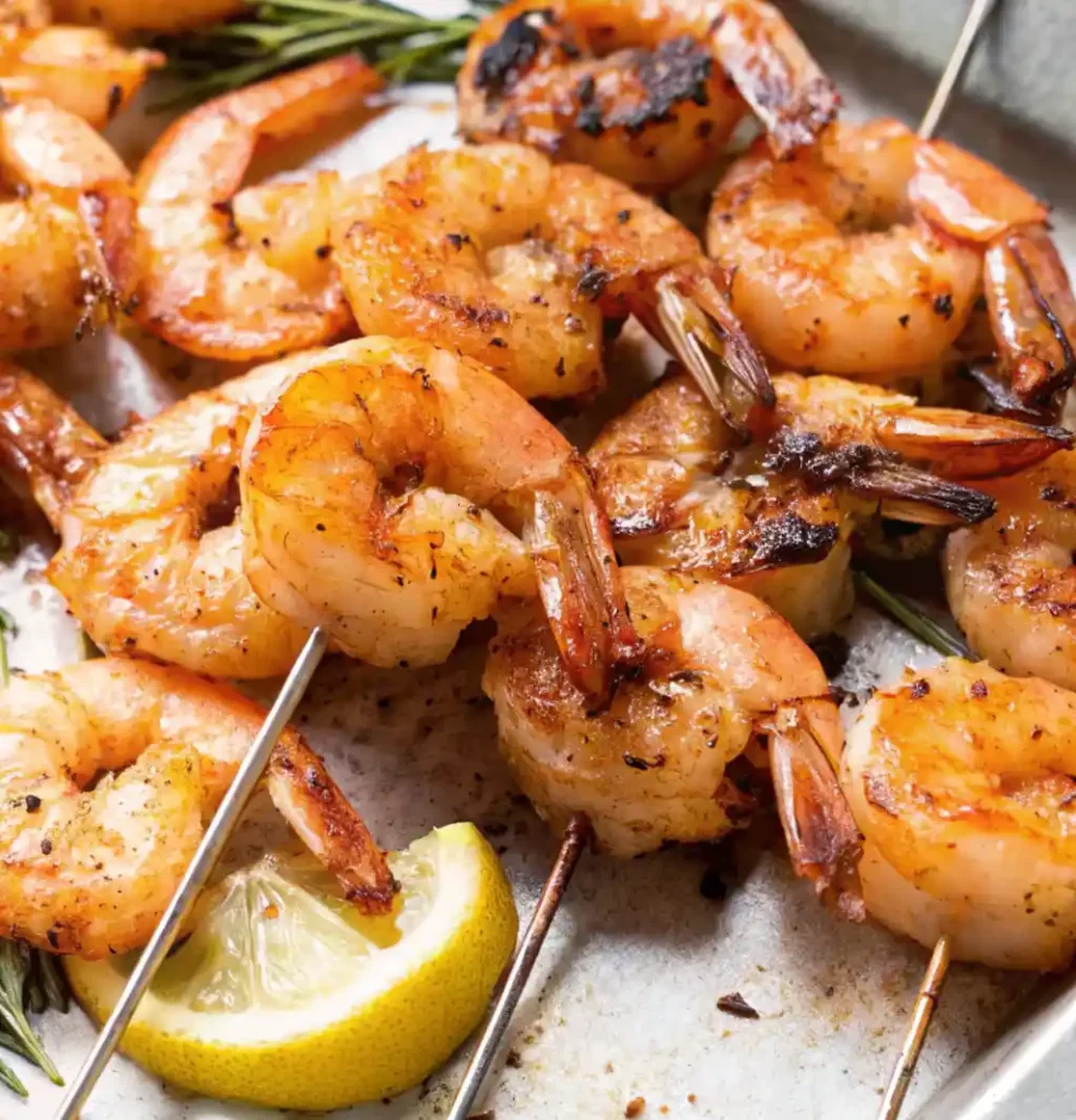 A close-up of several smoked shrimp skewers, showing the pink-orange color and seasoning, next to a lemon wedge on a light-colored surface, highlighting a finished dish.
