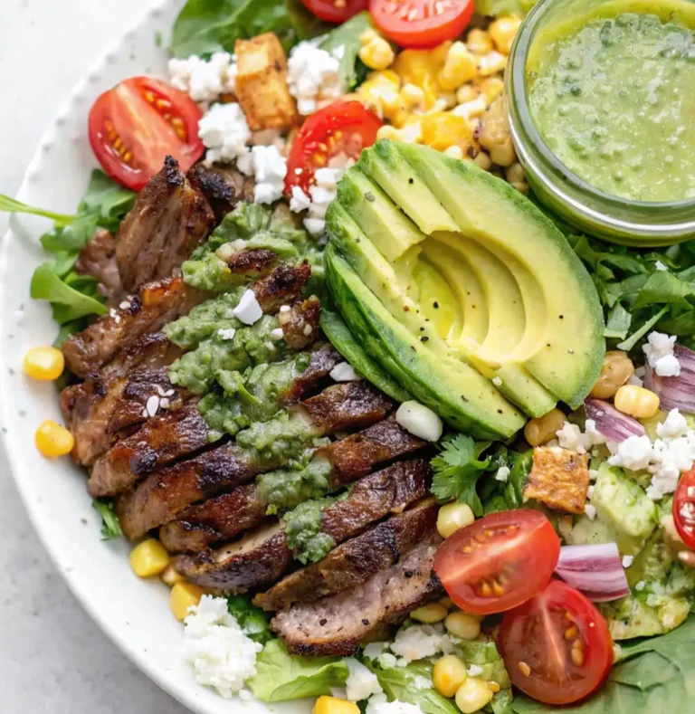 A vibrant steak salad in a white bowl, featuring sliced grilled steak drizzled with green dressing, mixed greens, corn kernels, cherry tomatoes, crumbled cheese, and a halved avocado.