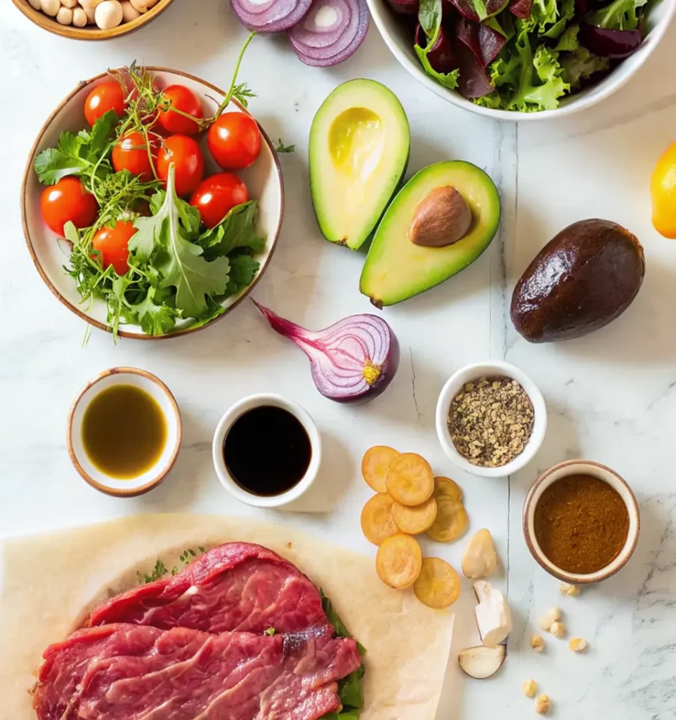 ingredients for a steak salad, including thinly sliced raw steak, cherry tomatoes, avocado halves, sliced red onion, mixed greens, and various seasonings and sauces, all arranged on a white marble surface.