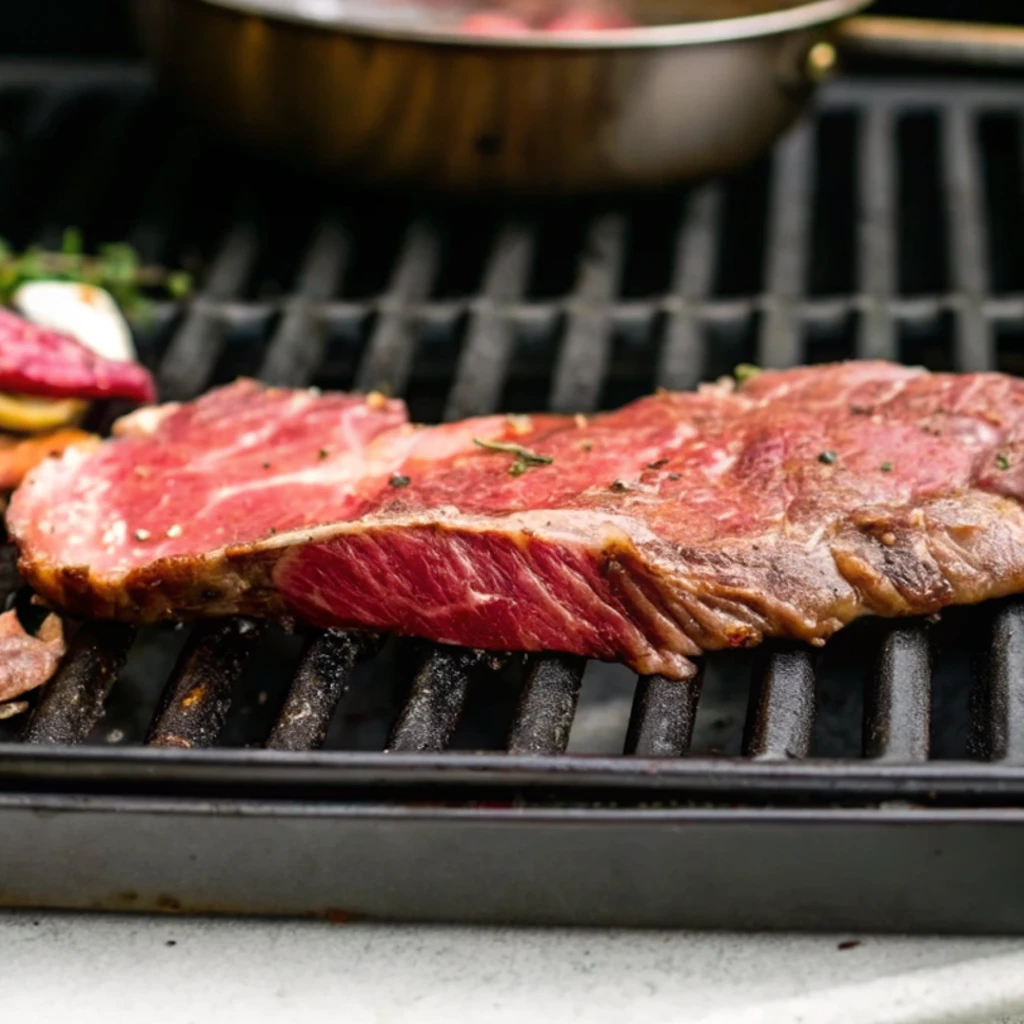A thick, raw, seasoned ribeye steak is being grilled