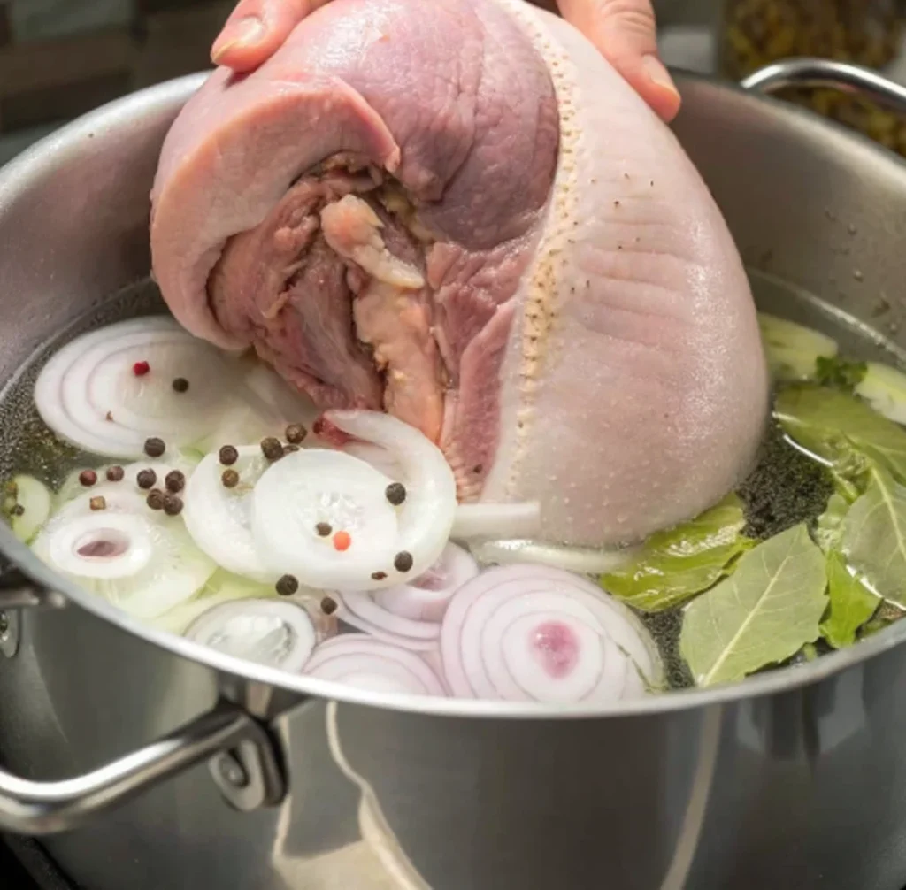 Large cut of beef tongue being placed into a pot of simmering water with sliced white and red onions, bay leaves, and whole black peppercorns, ready to be slow-cooked for Tacos de Lengua.