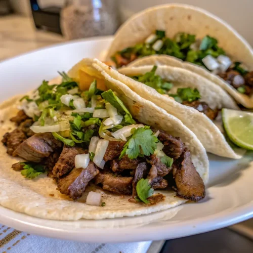 Two finished Tacos de Lengua are served on a white plate, featuring seared diced beef tongue, topped with fresh diced onion and cilantro, and a lime wedge.