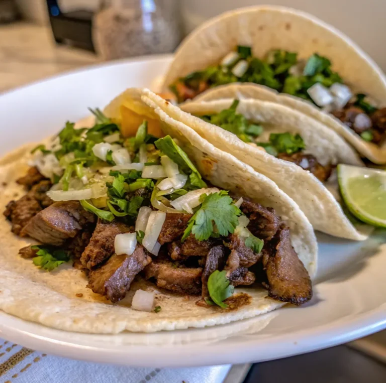 Two finished Tacos de Lengua are served on a white plate, featuring seared diced beef tongue, topped with fresh diced onion and cilantro, and a lime wedge.