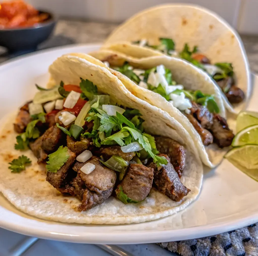 Two finished Tacos de Lengua are served on a white plate, featuring seared diced beef tongue, topped with fresh diced onion and cilantro, and a lime wedge.