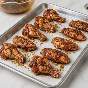 Marinated raw turkey wings coated in dark spices and herbs, spread evenly on a parchment-lined metal baking sheet on a white marble surface, ready to be roasted.