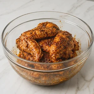 Well-seasoned raw turkey wings tossed with oil and dark spices inside a clear glass mixing bowl, resting on a white marble surface