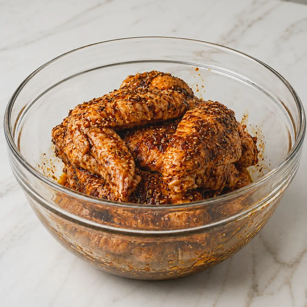 Well-seasoned raw turkey wings tossed with oil and dark spices inside a clear glass mixing bowl, resting on a white marble surface 