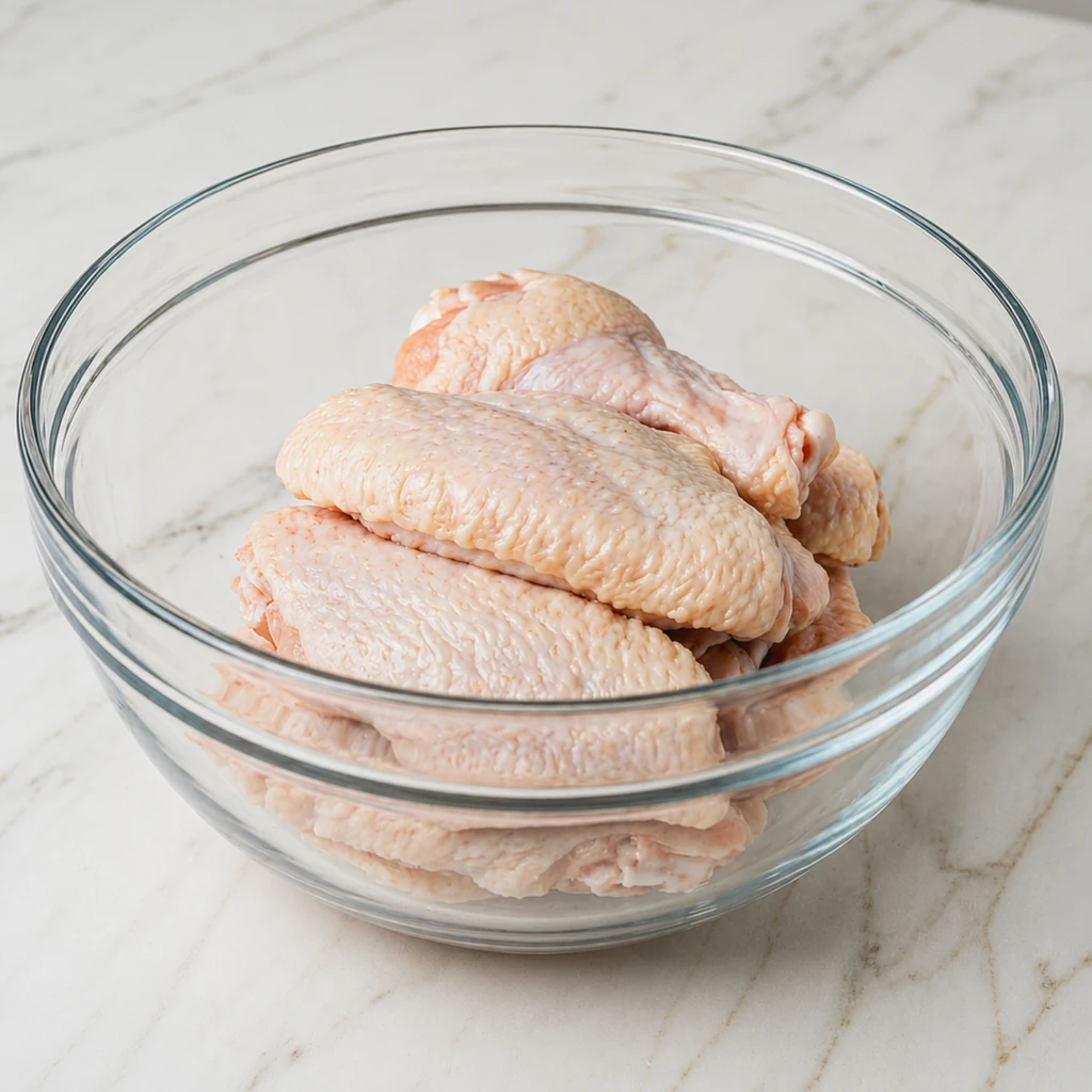 Raw, unseasoned turkey wings stacked inside a clear glass mixing bowl, set on a bright white marble countertop as prep for a turkey wings recipe step.