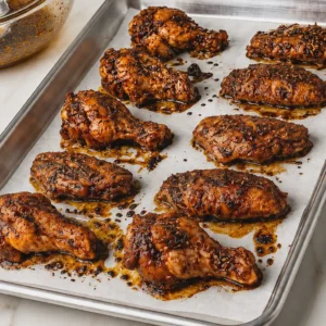 Crispy, baked turkey wings coated in a rich herb glaze, resting on white parchment paper over a silver sheet pan fresh out of the oven.