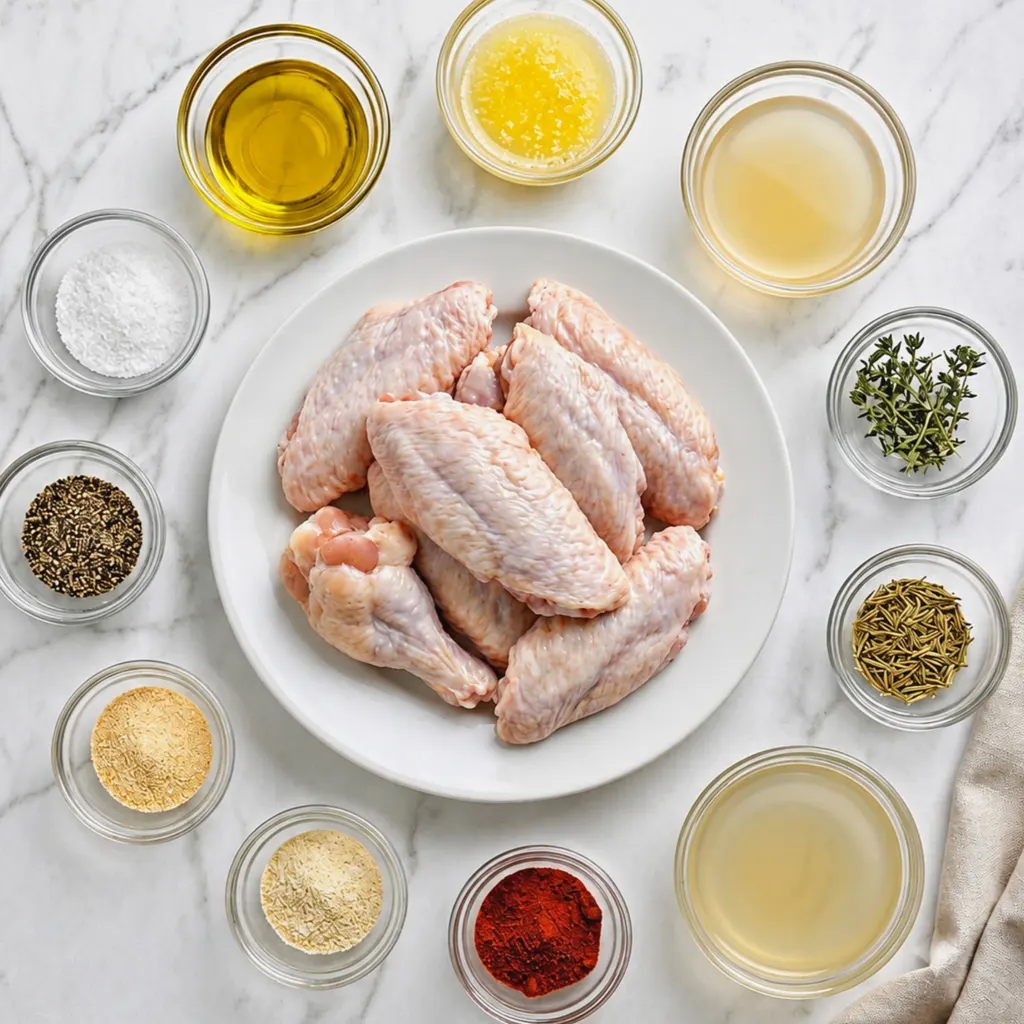 Baked Turkey Wings Ingredients on a white plate surrounded by small glass bowls of recipe, including olive oil, spices, herbs, broth, and melted butter on marble.