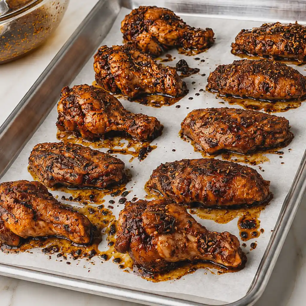 Crispy, baked turkey wings coated in a rich herb glaze, resting on white parchment paper over a silver sheet pan fresh out of the oven.