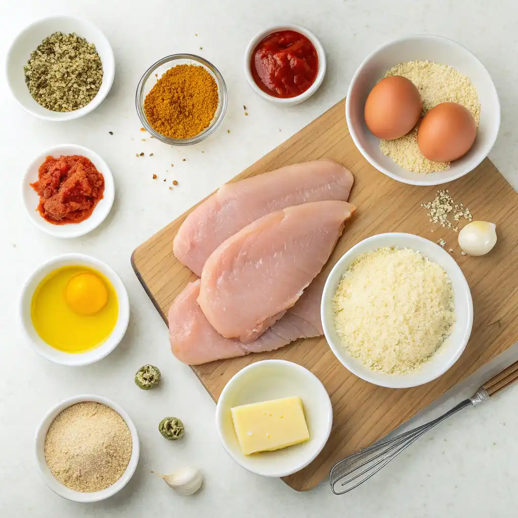 chicken cutlets on a wooden board, surrounded by ingredients for a baked chicken cutlet recipes, including bowls of eggs, cheese, breadcrumbs, spices, tomato paste, and a slice of butter.