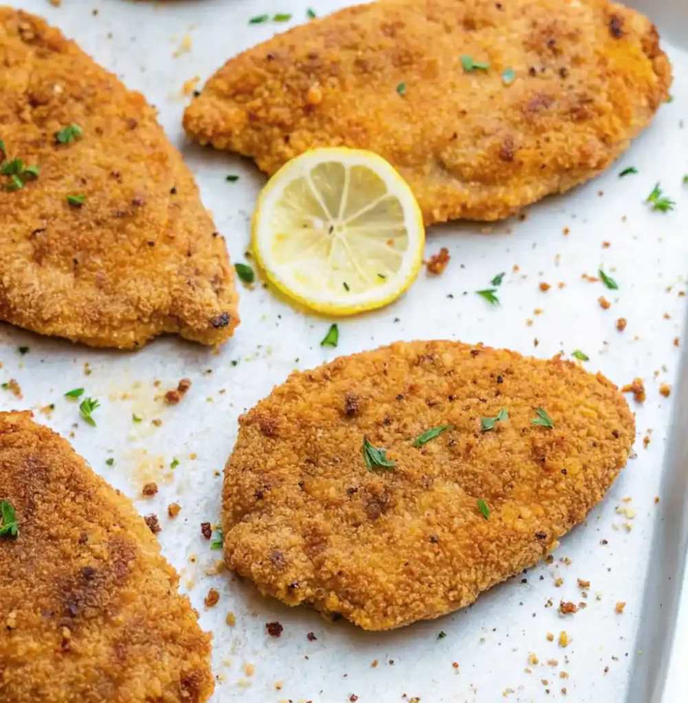 Crispy, golden-brown baked chicken cutlets are shown on a baking sheet, lightly seasoned with pepper and parsley. A bright slice of lemon is placed in the center. baked chicken cutlet recipes