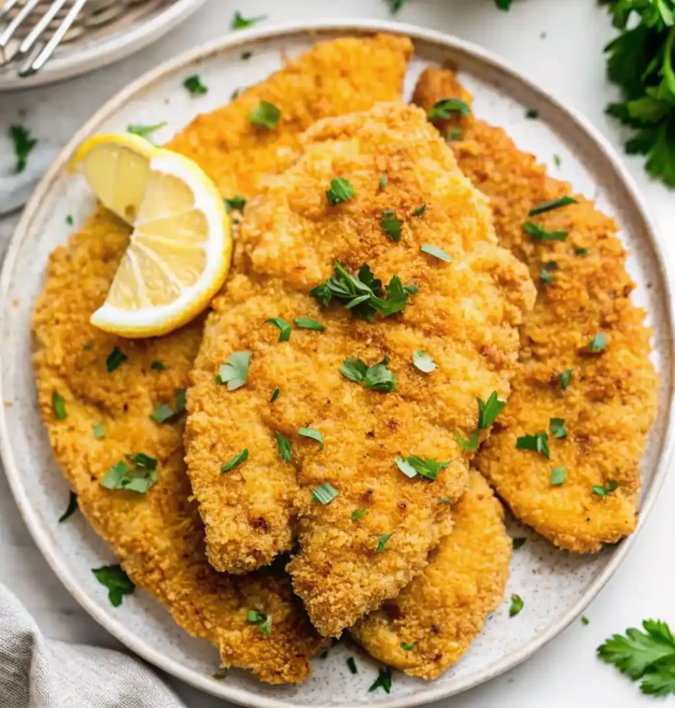 three crispy, golden-brown baked chicken cutlets stacked on a white plate, garnished with fresh parsley and a bright wedge of lemon. The texture shows a light, crunchy breading. for baked chicken cutlet recipes