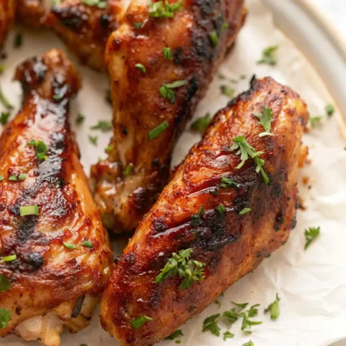 Three beautifully baked turkey wings, with a glossy, caramelized glaze and crispy, charred skin and a sprinkle of fresh chopped herbs, served on white parchment paper.