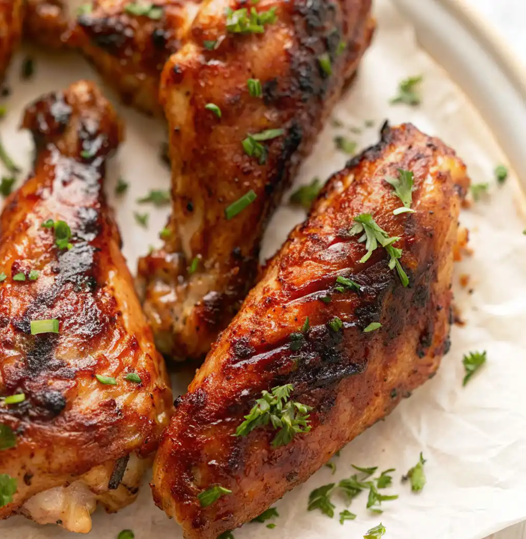 Three beautifully baked turkey wings, with a glossy, caramelized glaze and crispy, charred skin and a sprinkle of fresh chopped herbs, served on white parchment paper.