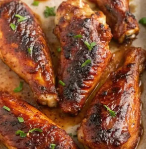 several baked turkey wings with a dark, glossy, caramelized glaze and crispy, charred skin, garnished with chopped fresh chives and parsley.