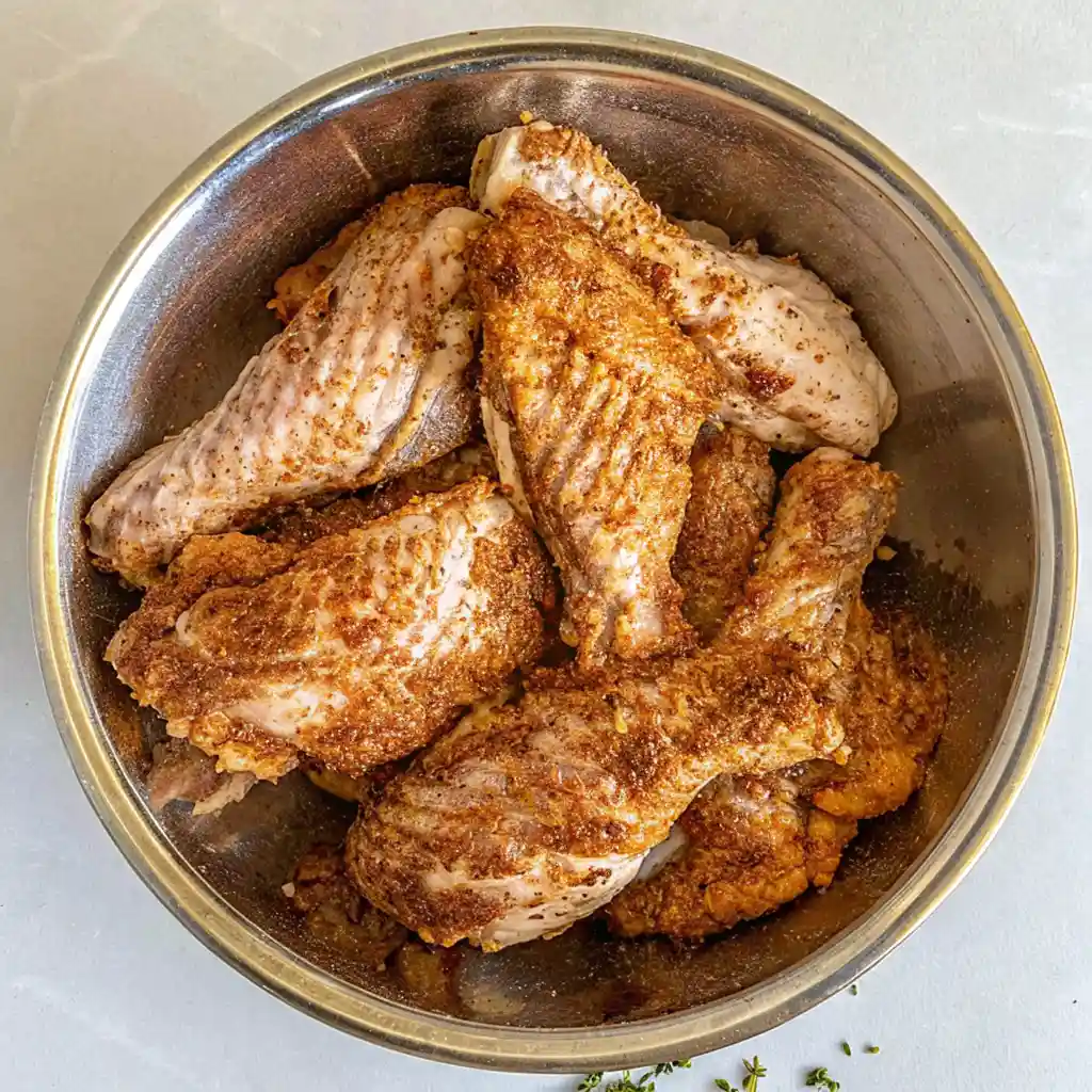 Raw turkey wings, thoroughly coated in a heavy brown and speckled dry rub seasoning, resting in a stainless steel mixing bowl, ready for cooking.