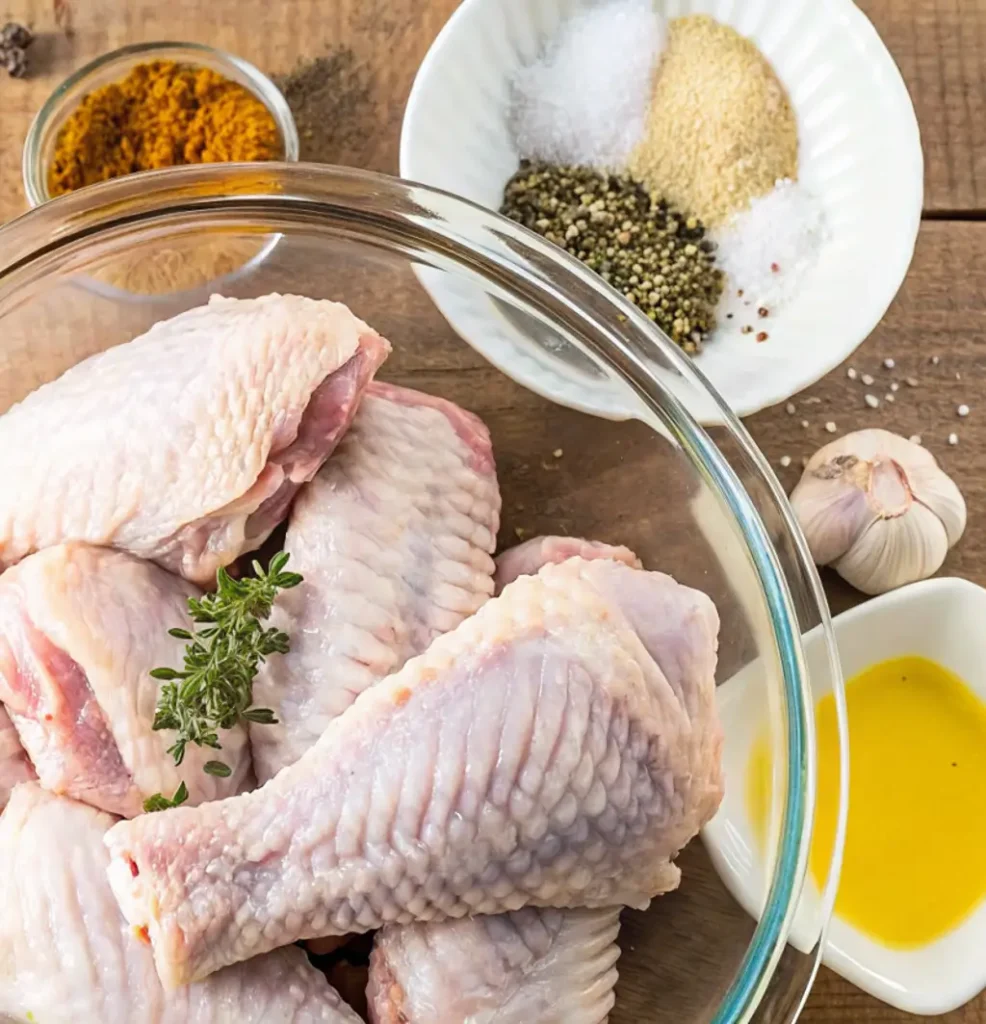 turkey wings in a clear glass bowl, surrounded by small white dishes containing spices salt, pepper, garlic powder, curry powder and a dish of oil, all on a wooden surface.