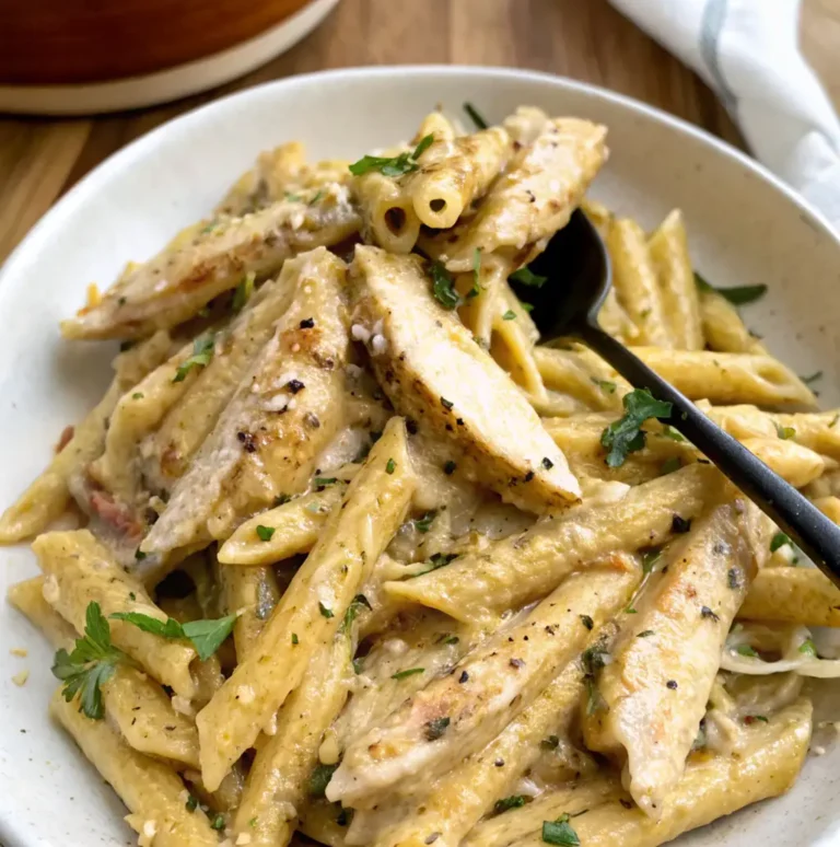 serving bowl filled with Garlic Parmesan Chicken Pasta and sliced seasoned chicken, garnished with fresh parsley and ready to be enjoyed with a black spoon.