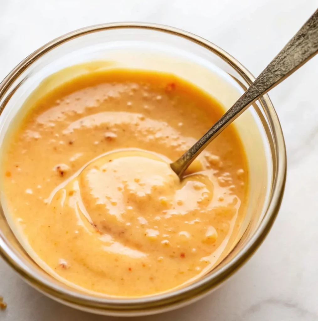 small clear glass bowl containing a thick, creamy, pale orange Bang Bang sauce, featuring a silver spoon resting inside the bowl.