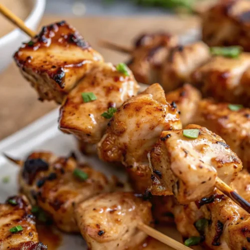 Bang Bang Chicken Skewers on a white platter, featuring tender chicken cubes with a sticky, caramelized glaze and garnished with freshly sliced green onions.