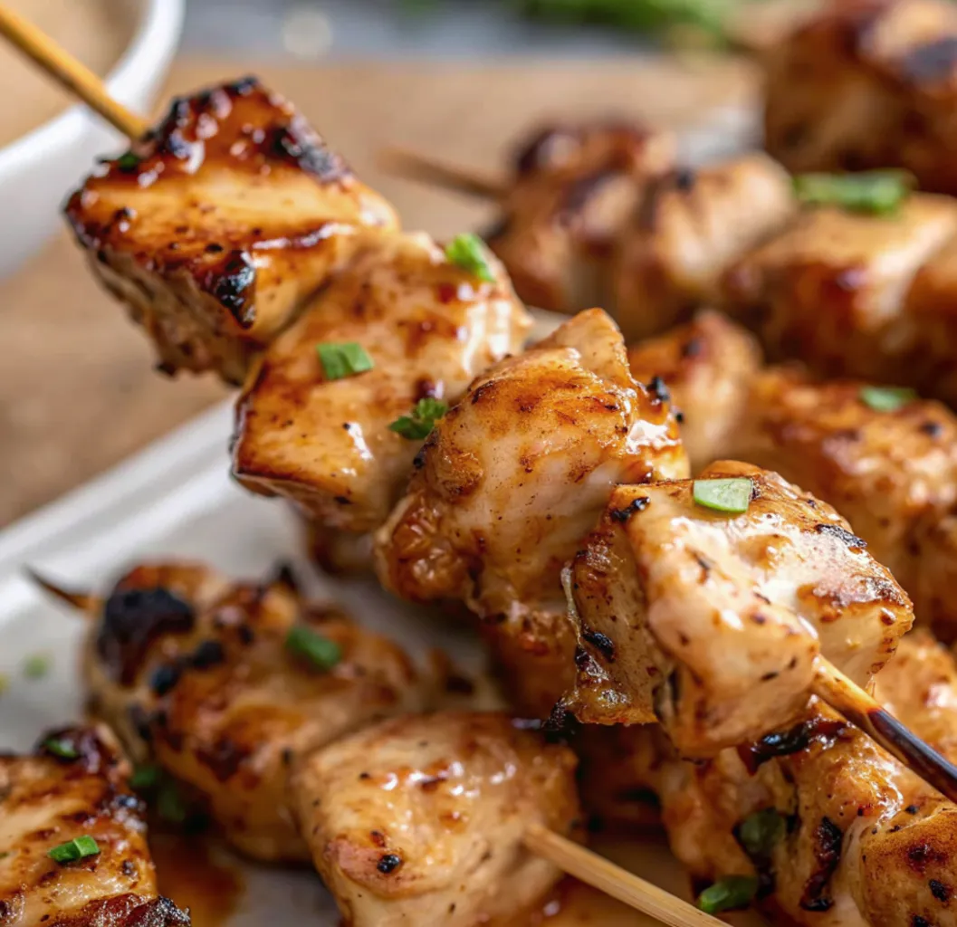 Bang Bang Chicken Skewers on a white platter, featuring tender chicken cubes with a sticky, caramelized glaze and garnished with freshly sliced green onions.