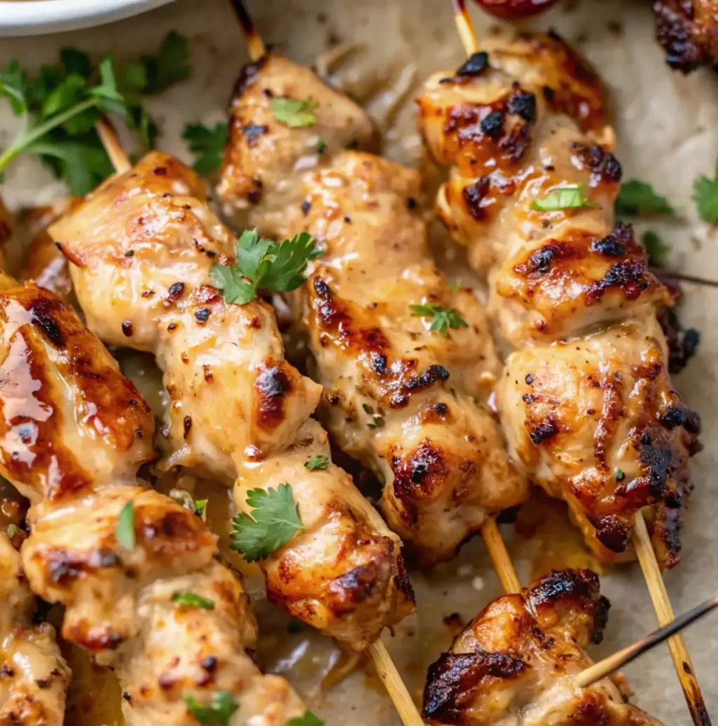 Six Bang Bang Chicken Skewers with a deeply caramelized and charred glaze, garnished with fresh cilantro leaves, arranged on a piece of parchment paper or light background.
