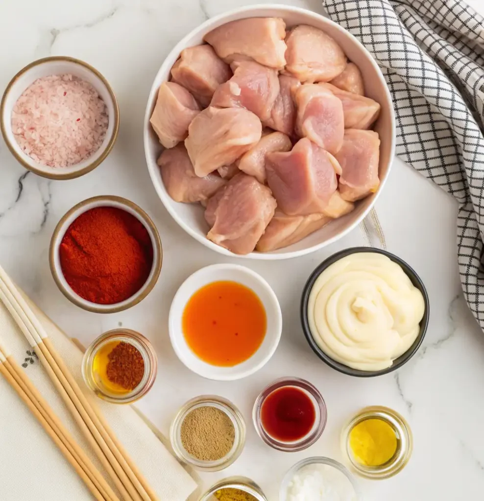 Ingredients for Bang Bang Chicken Skewers: raw chicken pieces, wooden skewers, mayonnaise, smoked salt, paprika, chili oil, hot sauce, ground spices, cornstarch, and cooking oil displayed on a white marble surface.