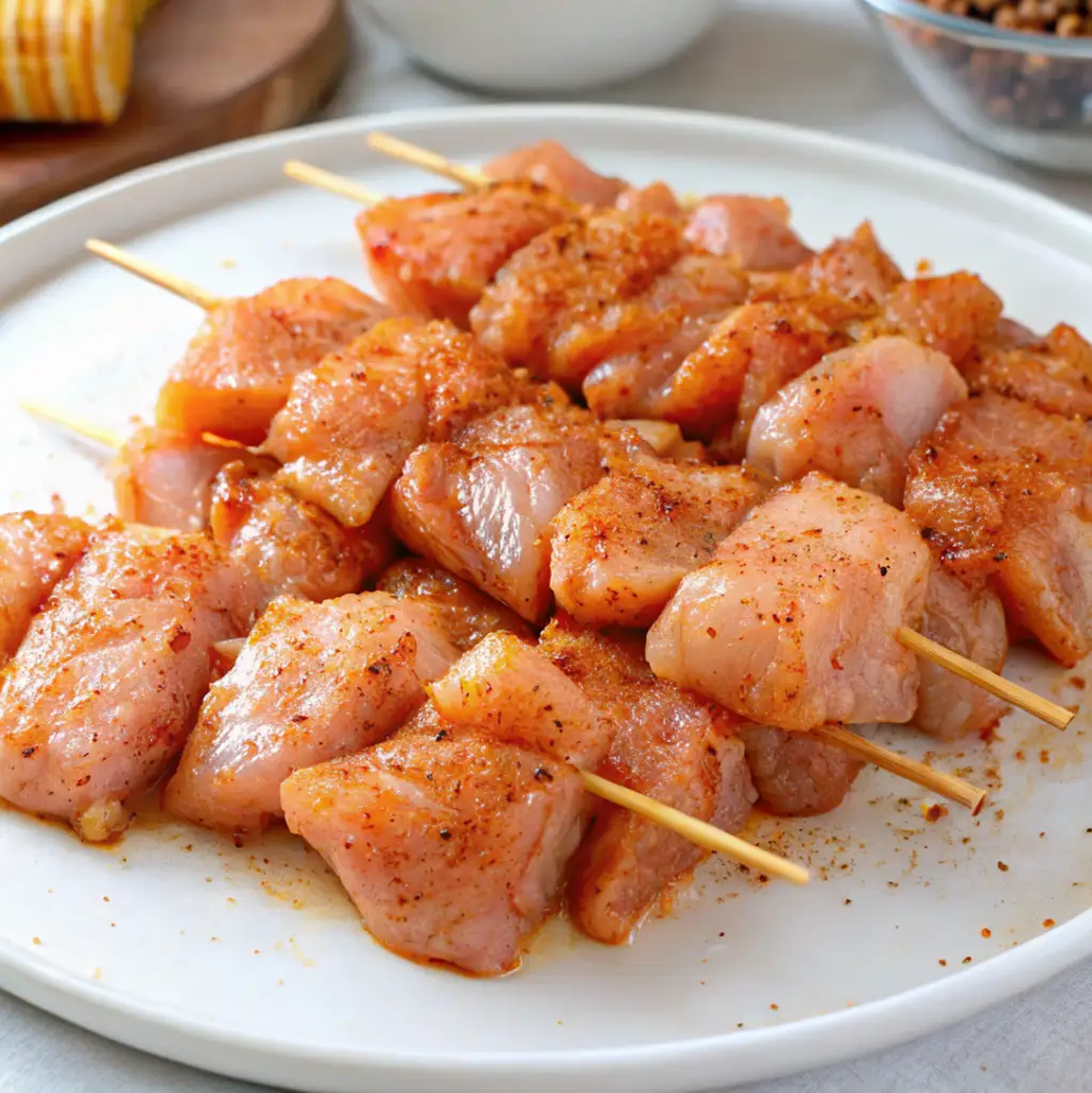 cubed chicken pieces generously seasoned with paprika and spices, threaded onto several small wooden skewers, and arranged on a clean white plate, ready for cooking.