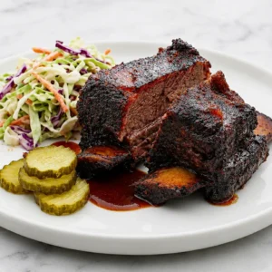 smoked beef short ribs with a dark bark served on a white plate alongside creamy coleslaw, sliced pickles, and rich barbecue sauce on a marble countertop.