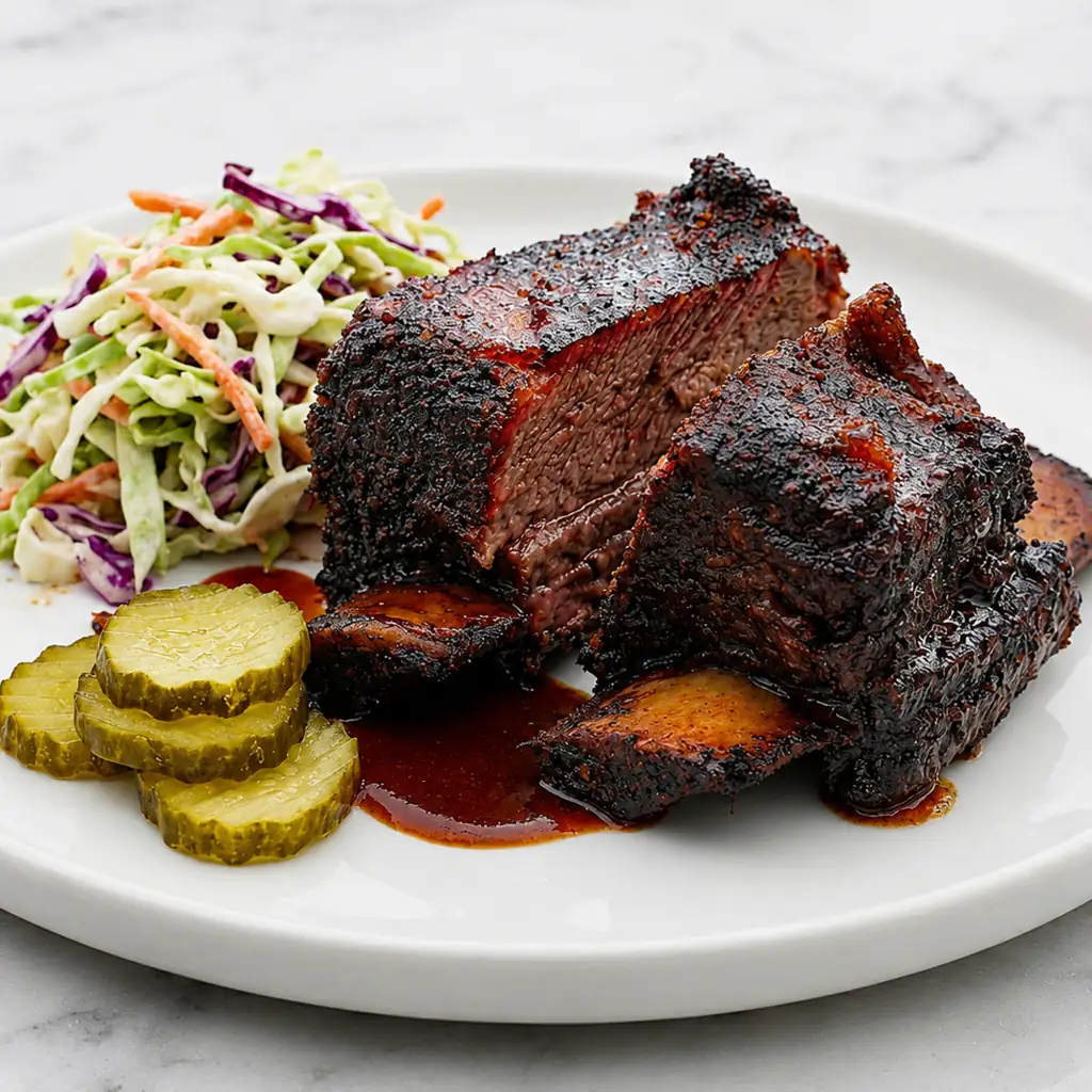 smoked beef short ribs with a dark bark served on a white plate alongside creamy coleslaw, sliced pickles, and rich barbecue sauce on a marble countertop.