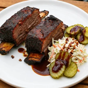 smoked beef short ribs with a dark bark served on a white plate alongside creamy coleslaw, sliced pickles, and rich barbecue sauce on a marble countertop.