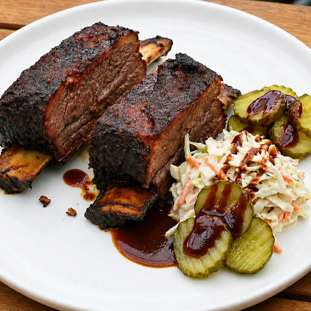 smoked beef short ribs with a dark bark served on a white plate alongside creamy coleslaw, sliced pickles, and rich barbecue sauce on a marble countertop.