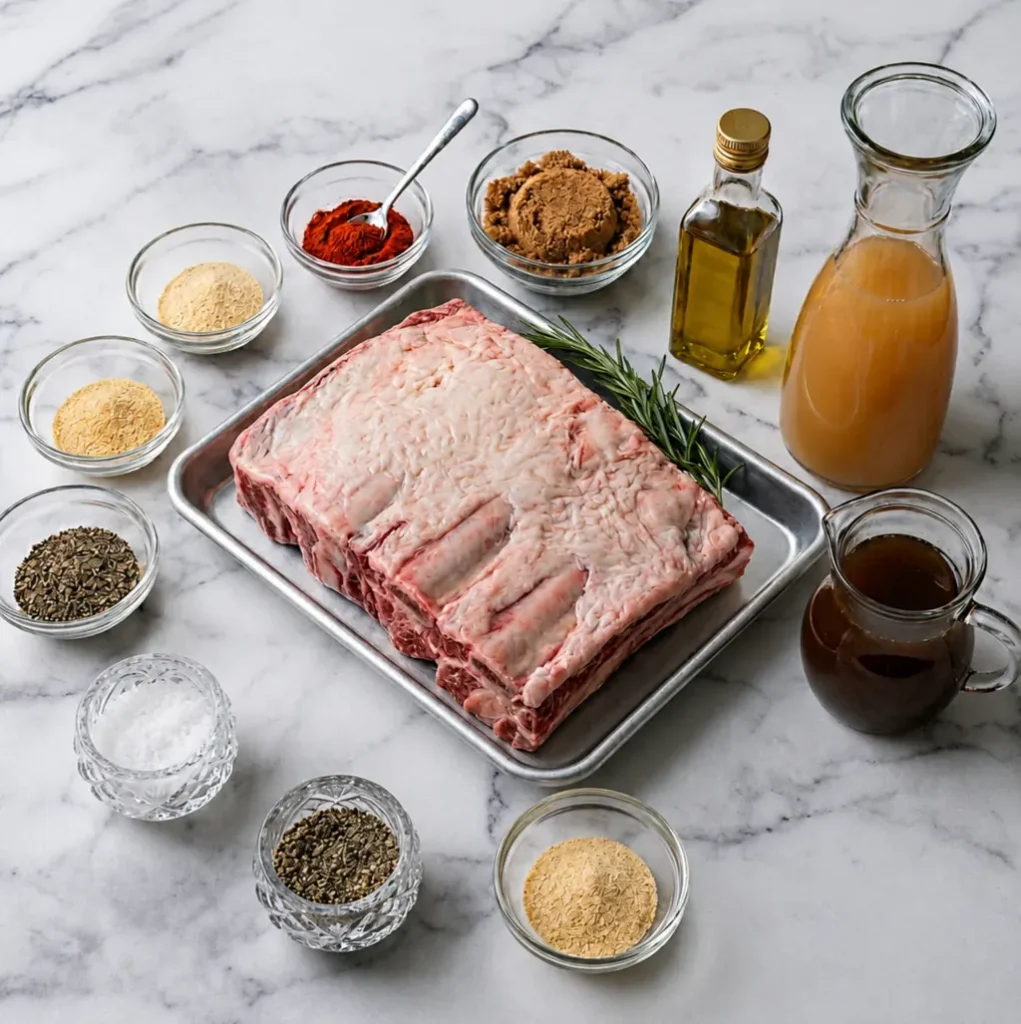 Raw beef short ribs rack on a metal tray surrounded by small bowls of spices, herbs, olive oil, broth, and sauce on a marble surface.