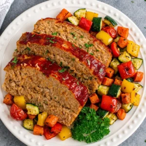 Three thick slices of glazed Chicken Meatloaf Recipe sit on a white plate, surrounded by a colorful mix of roasted zucchini, sweet potatoes, and bell peppers