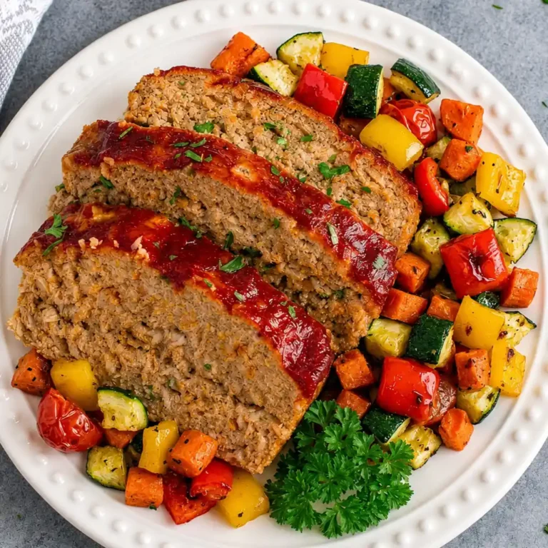 Three thick slices of glazed Chicken Meatloaf Recipe sit on a white plate, surrounded by a colorful mix of roasted zucchini, sweet potatoes, and bell peppers