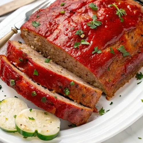 A moist and flavorful Chicken Meatloaf Recipe, sliced and topped with a shiny, bright red glaze, garnished with fresh parsley, and served alongside white zucchini slices.