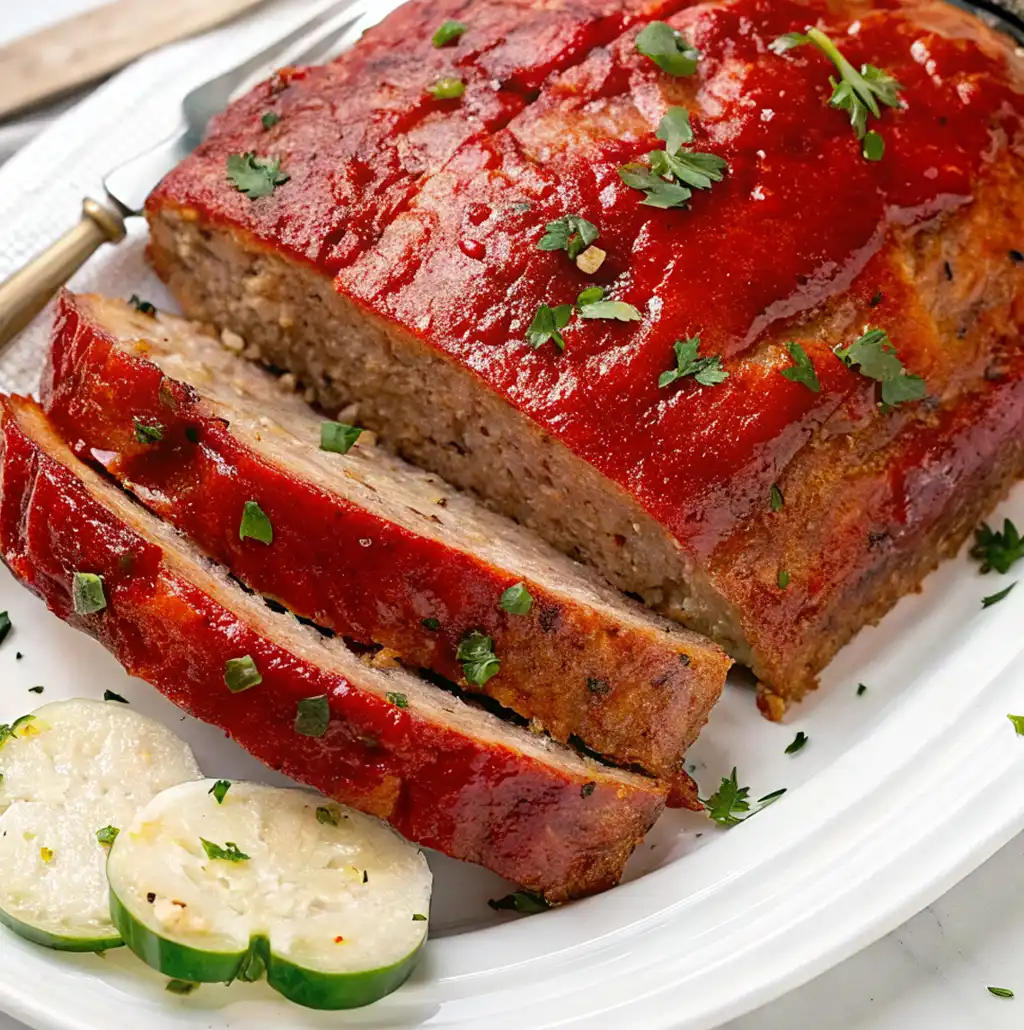 A moist and flavorful Chicken Meatloaf Recipe, sliced and topped with a shiny, bright red glaze, garnished with fresh parsley, and served alongside white zucchini slices.