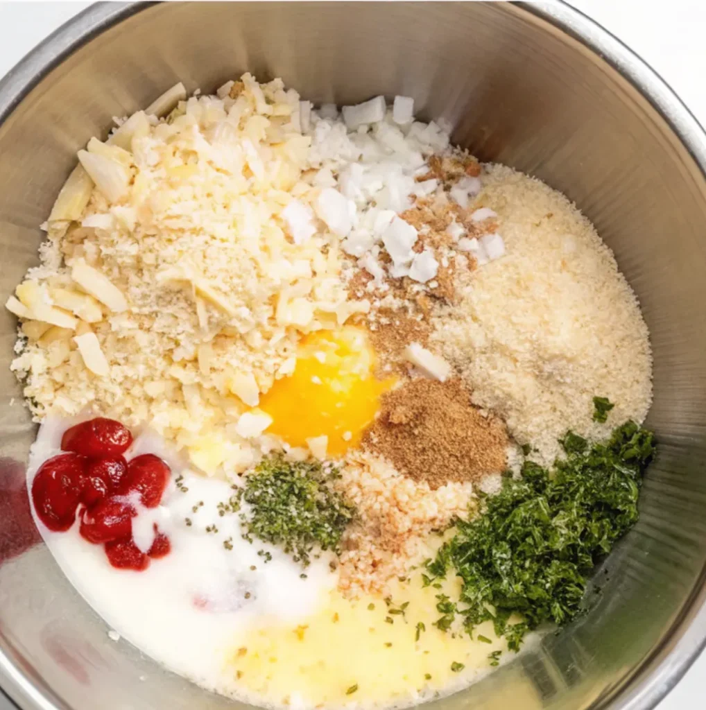 A stainless steel mixing bowl holds various meatloaf ingredients, including grated cheese, breadcrumbs, chopped onion, an egg yolk, spices, fresh parsley, milk, and red sauce .