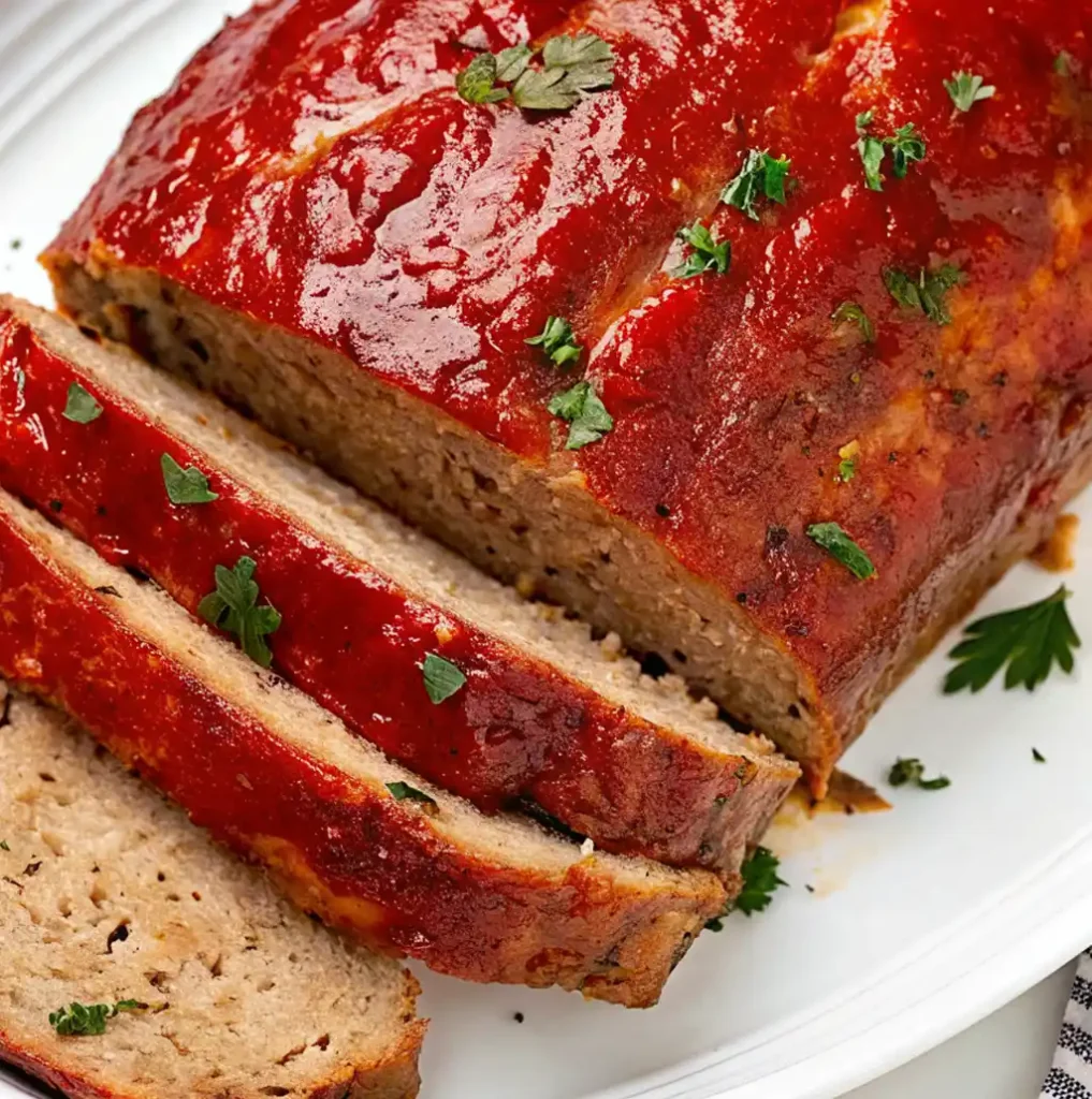succulent chicken meatloaf, sliced to show the texture, generously covered in a glossy red tomato-based glaze and sprinkled with chopped fresh parsley.