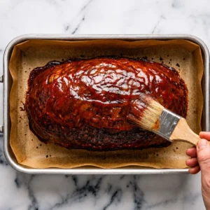 A pastry brush is used to coat a large baked chicken loaf with a layer of ketchup and brown sugar on a baking sheet lined with parchment paper