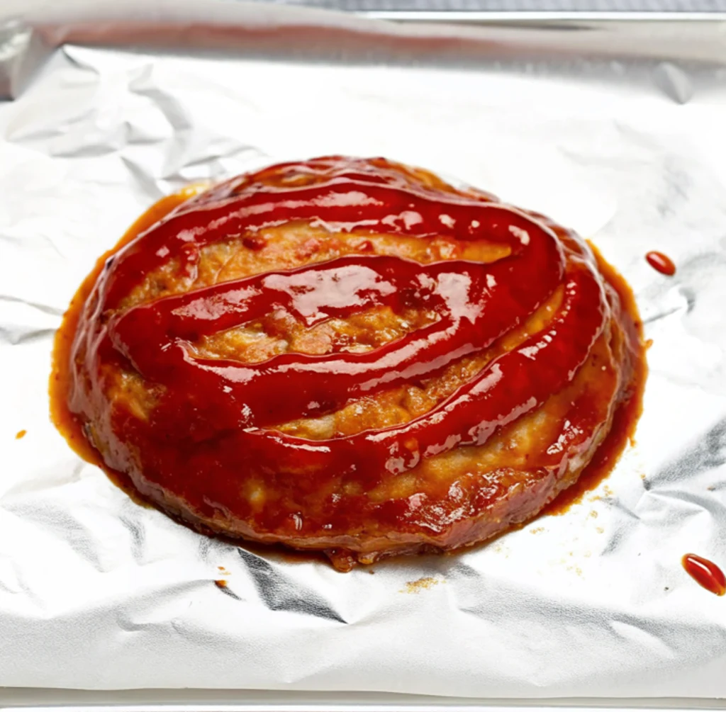 A round chicken meatloaf recipe, baked and glistening with a thick layer of rich, dark red tomato glaze drizzled across the top, resting on a sheet of crinkled aluminum foil.